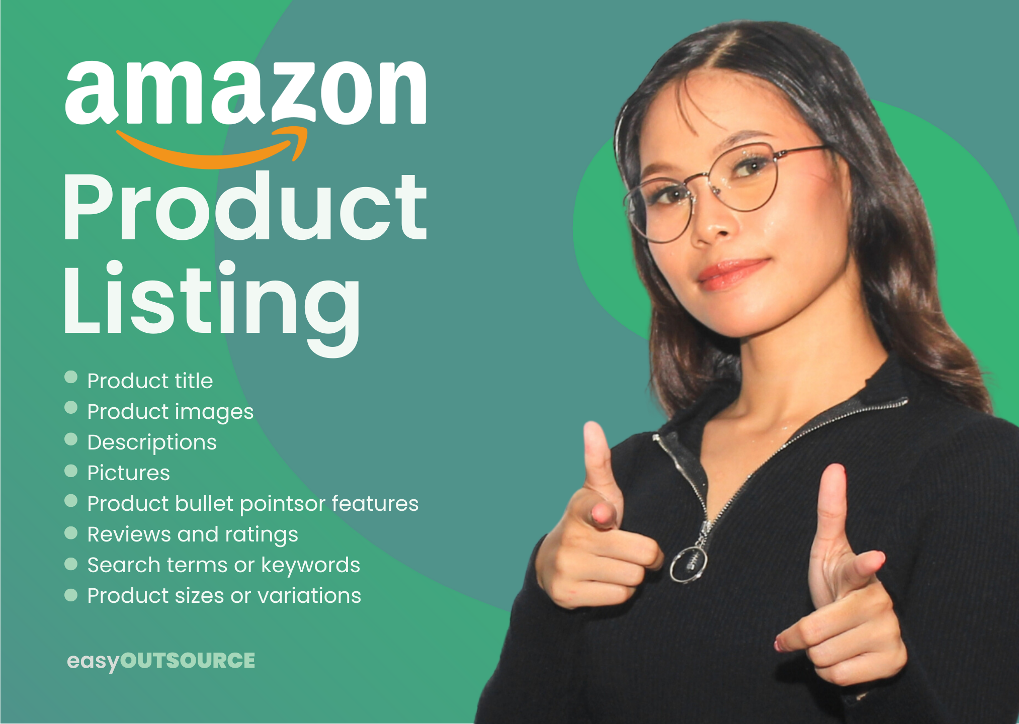 A woman pointing forward with text beside saying Amazon Product Listing