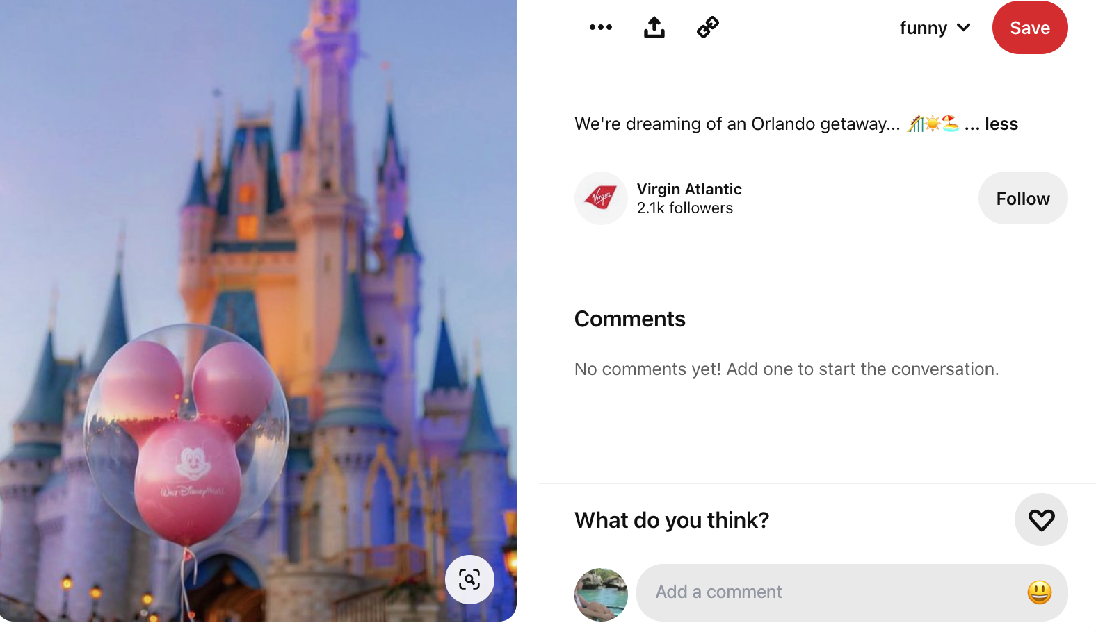 A pink Mickey Mouse balloon in front of a beautifully lit Disney castle at dusk. A whimsical scene inviting dreams of Orlando getaways.