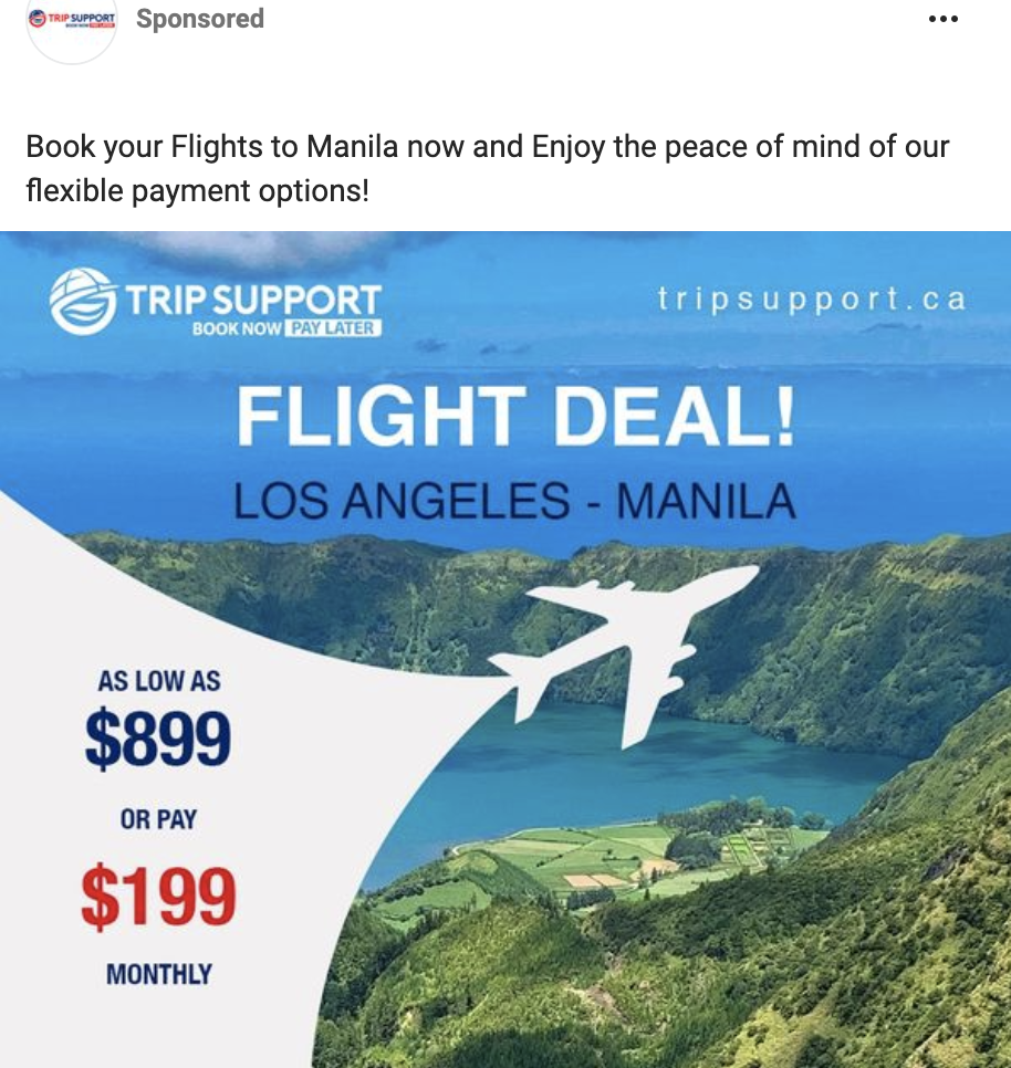 A screenshot of an ad from Trip Support showing a flight detail