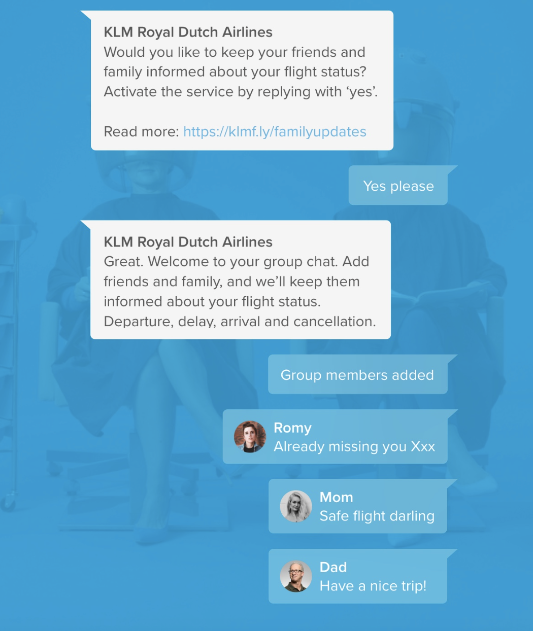A group chat displaying messages from KLM Airlines and family members discussing flight updates and well wishes.