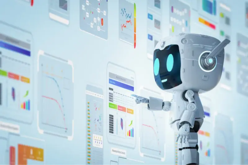 A robot interacts with various data visualizations on touchscreen panels, showcasing analytics and technology.