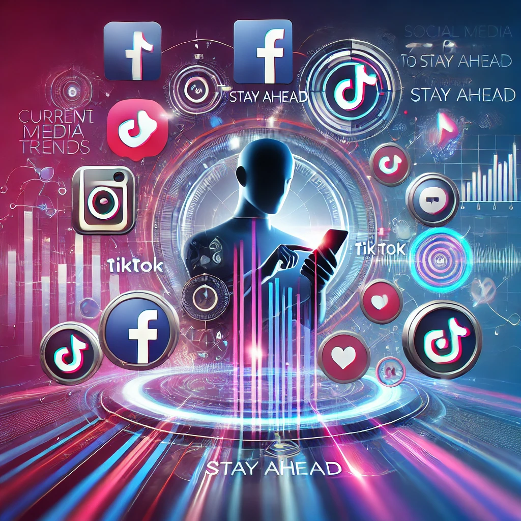 A digital silhouette interacts with social media icons and graphs, emphasizing current trends