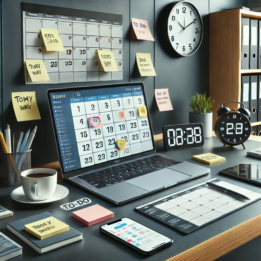 A modern desk setup featuring a laptop with a calendar, sticky notes, a clock, coffee cup, and a smartphone, all organized neatly.