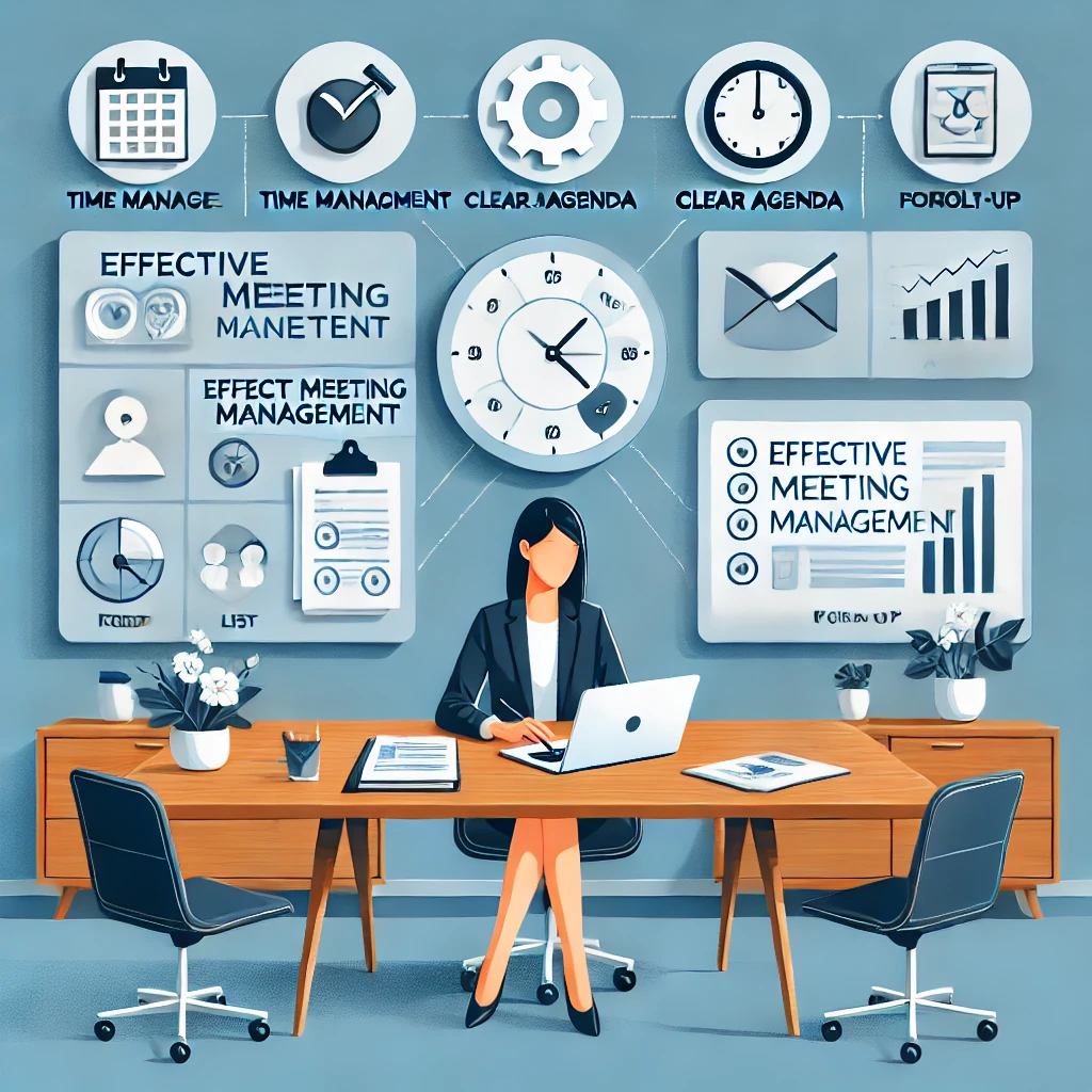 A businesswoman sits at a desk with a laptop, surrounded by charts and icons illustrating effective meeting management strategies.