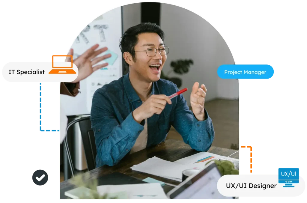 A person laughing while discussing on a meeting