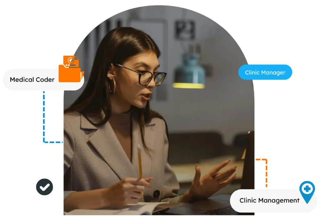 A woman in glasses discussing on a virtual meeting