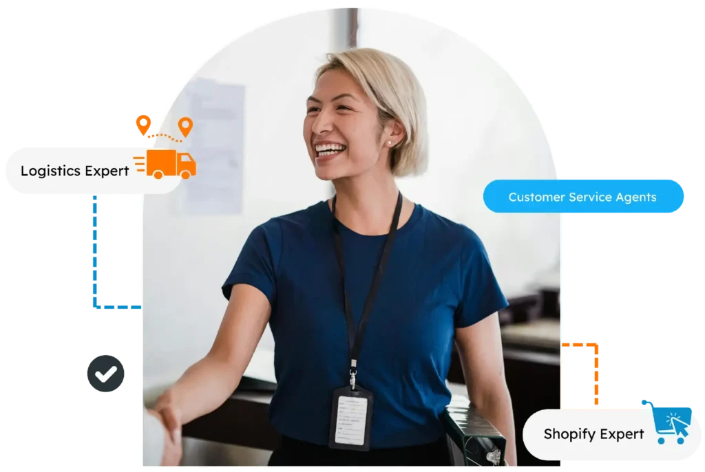 A picture of a woman with texts logistic expert, customer service agent and shopify expert