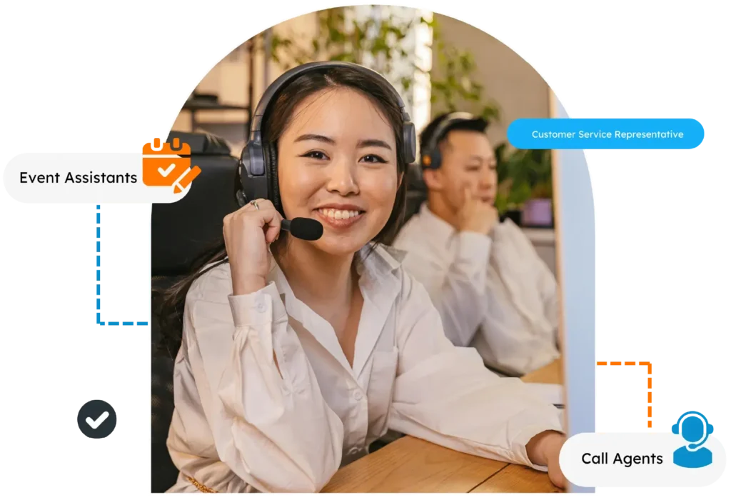An image of a person smiling directly from the camera while on a headphone