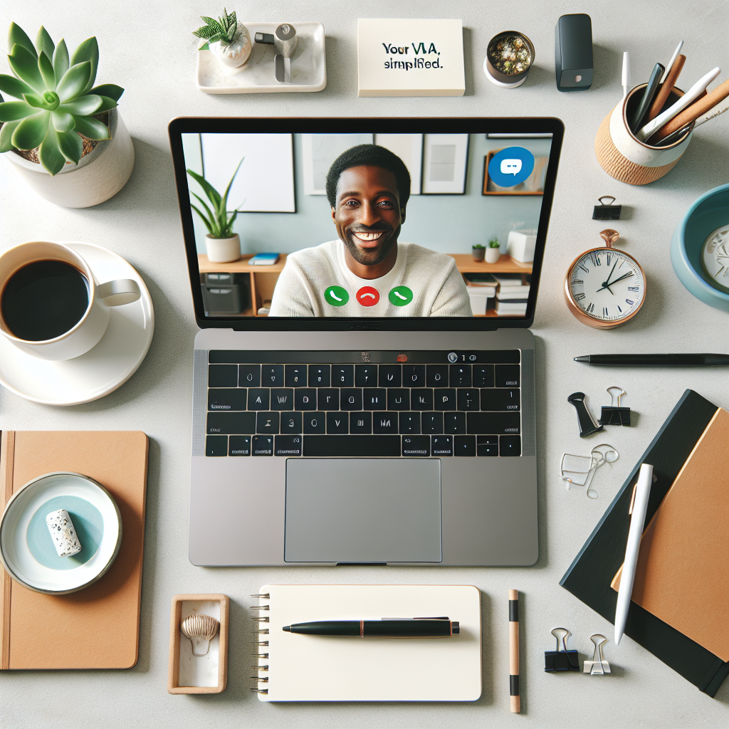 A professional and organized desktop setup with a laptop displaying a video call, symbolizing how to hire a virtual assistant in 5 simple steps. The image conveys ease, connection, and efficiency with global talent.